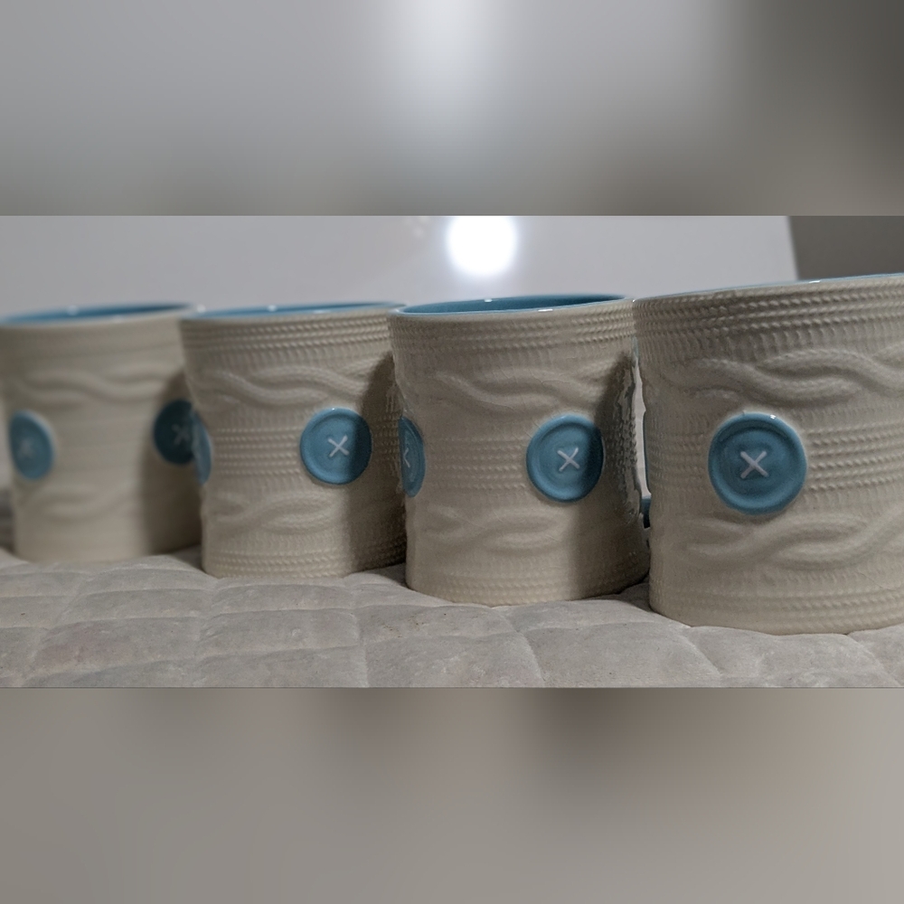 Farmhouse Mugs Temptations Cozy Knit White Blue Button Set Of Four